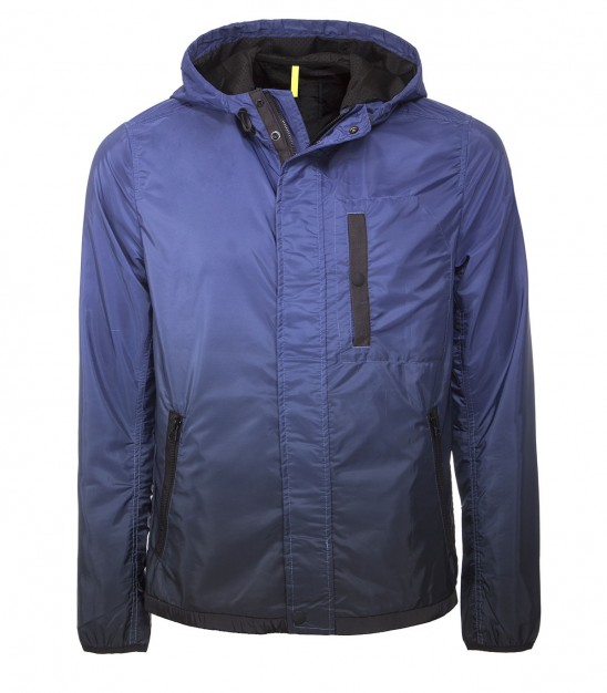 Stand collar zip front hooded jacket in blue