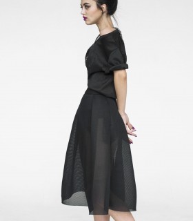 Crew neck short sleeve black chiffon dress