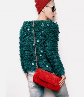 Fashionable green knit coat tunic with sequins