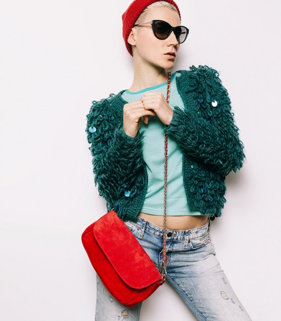 Fashionable green knit coat tunic with sequins